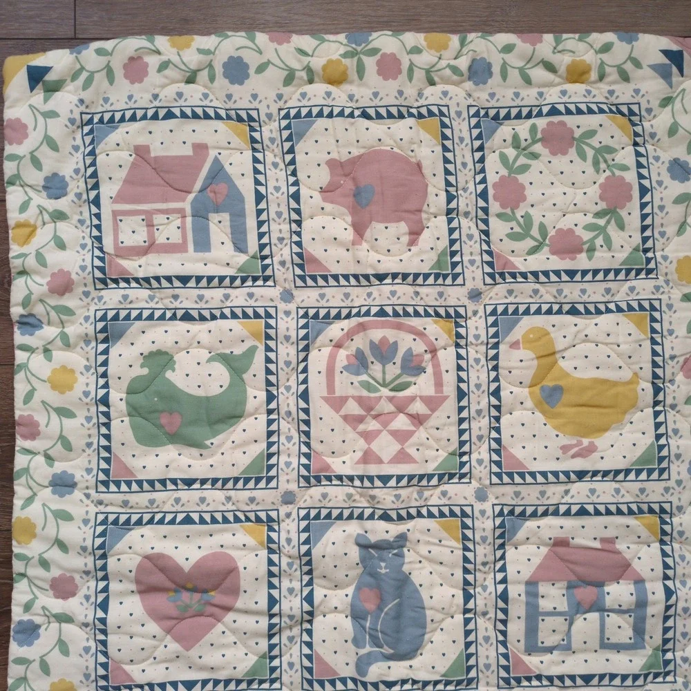 Vintage 80s Baby Quilt Wall Hanging Pastel Animal Cat Whale Duck Floral Folk Art